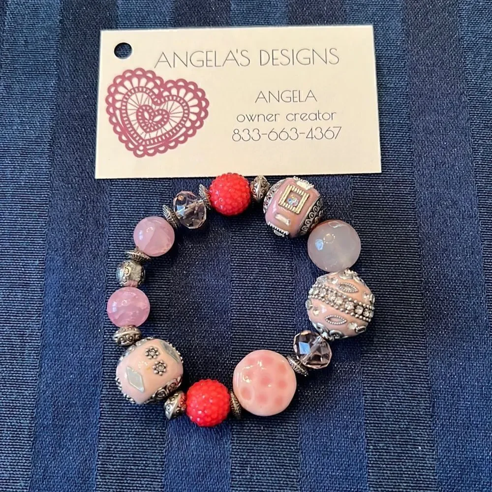 NWT Angelas Designs handmade stretchy Pink silver beaded bracelet